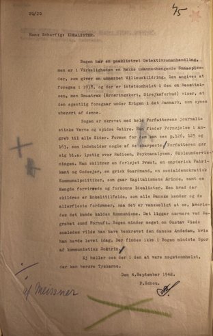 Censor Peter Schous læsning af Hans Scherfigs 'Idealister' i september 1942.