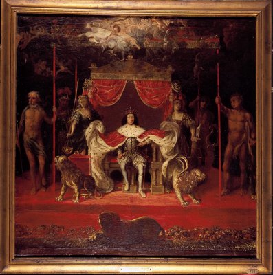 Michael van Havens maleri af Christian 5. på tronen i Frederiksborg Slotskirke.