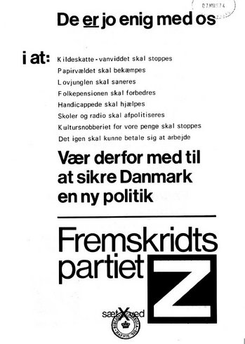 Forsiden fra Fremskridtspartiets pamflet