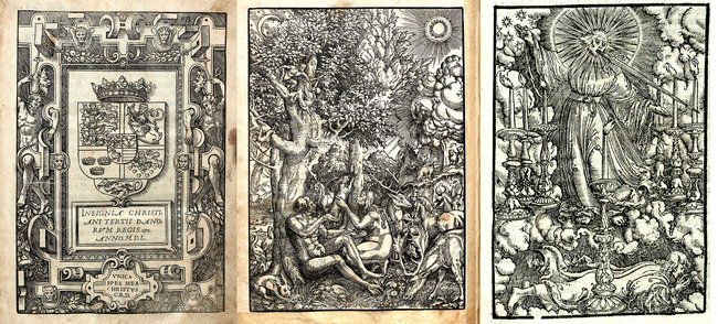 Illustrationer i Christian 3.s Bibel: kongens våbenskjold, Edens have og Johannes’ Åbenbaring