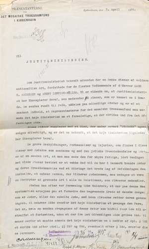 Det originale brev fra Det Mosaiske Trossamfund