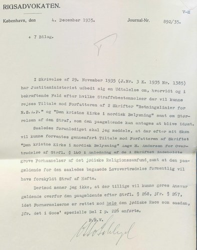 Rigsadvokatens svar til Justitsministeriet 4. december 1935