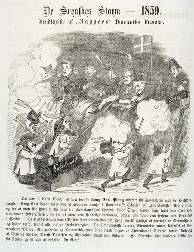 Karikaturtegning af de nationalliberale under anførsel af Carl Ploug, der forsøger at løbe storm på Københavns vold, der forsvares af konservative kongelige embedsmænd