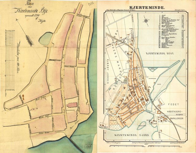 To kort over Kerteminde tegnet med 100 års mellemrum. 
