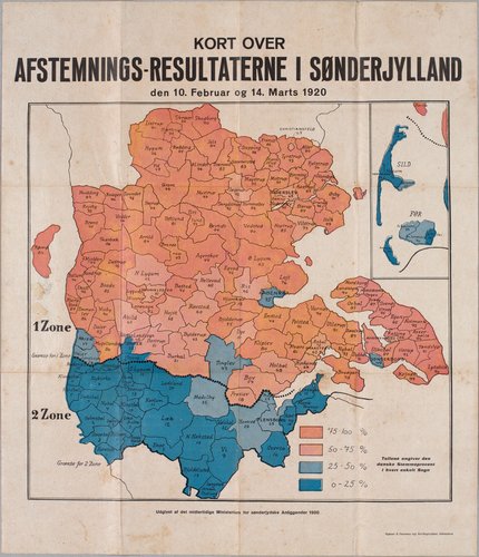 Kort over afstemningsresultaterne i de to afstemningszoner i Slesvig.
