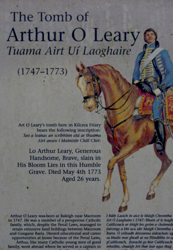 Informationstavle fra Arthur O'Learys grav ved klosteret Kilcrea Friary