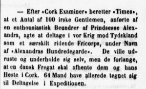 Omtalen af Alexandras Hundredgarde i den danske avis Fædrelandet den 15. februar 1864.