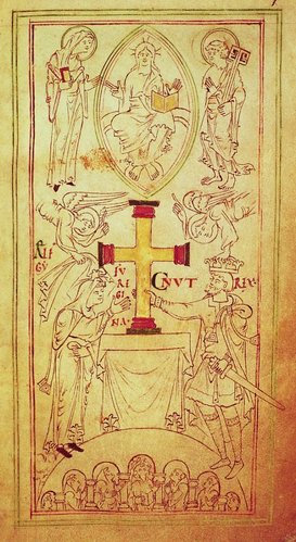 Knud den Store og Ælgifu/Emma dedikerer et kors til alteret i New Minster, Winchester