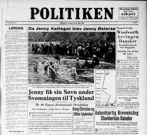 Politikens forside den 30. juli 1938, dagen efter at Jenny Kammersgaard havde gennemført sin svømning fra Gedser til Warnemünde
