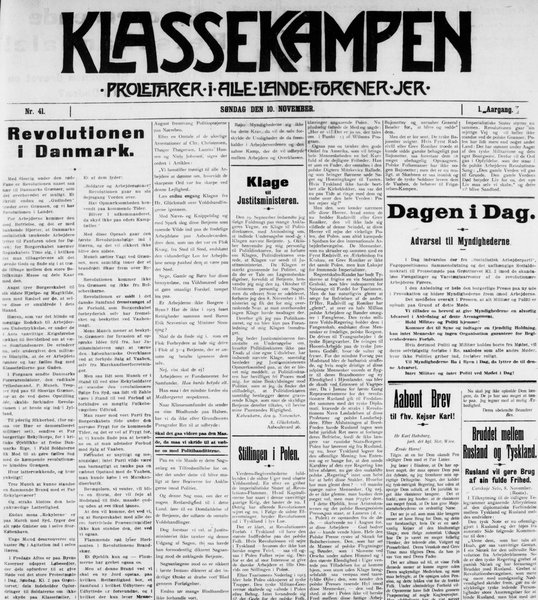 Udklip fra avisen Klassekampen, 10. november 1918