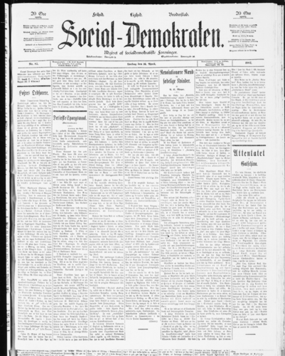 Forsiden af Social-Demokraten 16. april 1887