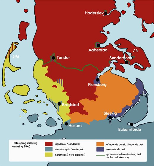 Kort der viser udbredelsen af dansk, tysk og frisisk talesprog hen mod midten af 1800-tallet
