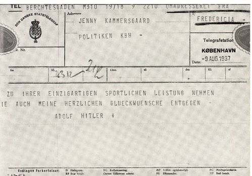 Privattelegram til Jenny Kammersgaard fra Adolf Hitler i forbindelse med hendes svømning over Kattegat i 1937