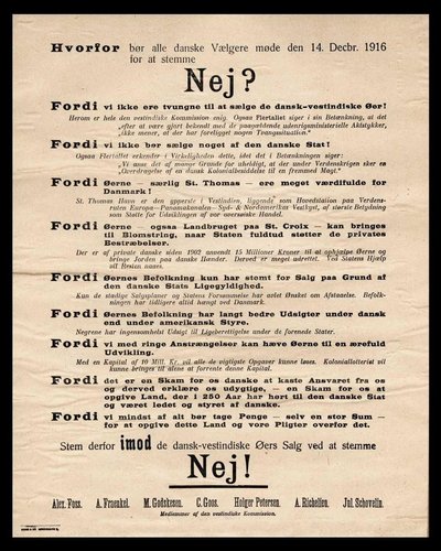 Valgplakaten, der blev udsendt af medlemmer af Det Konservative Folkeparti forud for folkeafstemningen i 1916 om salget af De Vestindiske Øer til USA