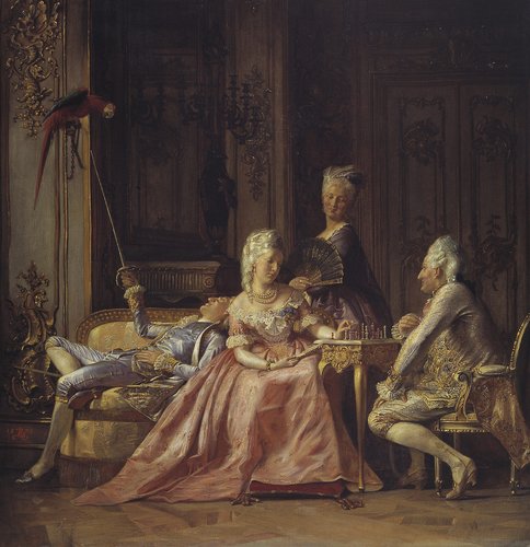 Dronning Caroline Mathilde og Struensee spiller skak, mens Kong Christian 7. driller en papegøje