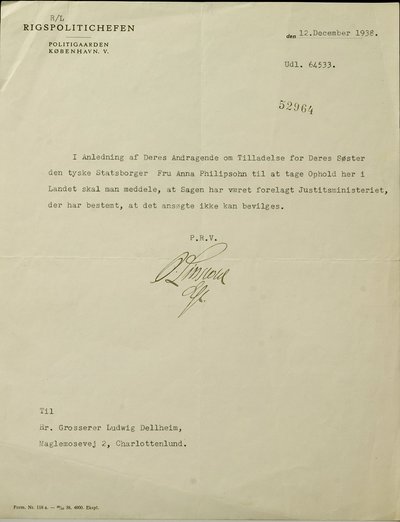 Afslag på indrejsetilladelse for jødisk flygtning i Danmark i 1930'erne