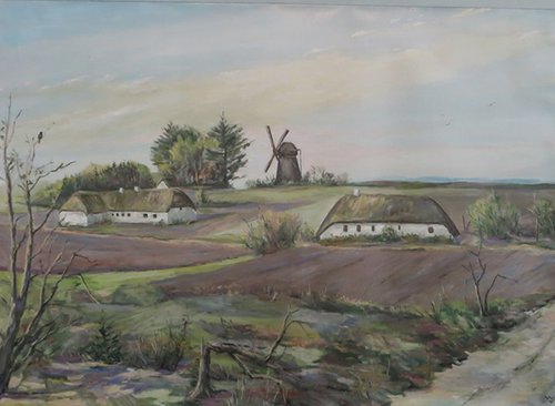 Maleri af to huse på landet