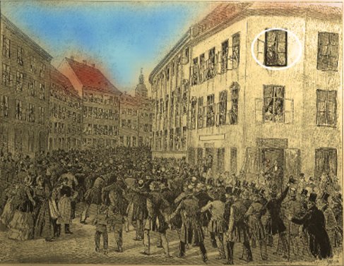 Grundtvig ser til fra sit vindue, mens folket går i demonstrationstog til Christiansborg 1848