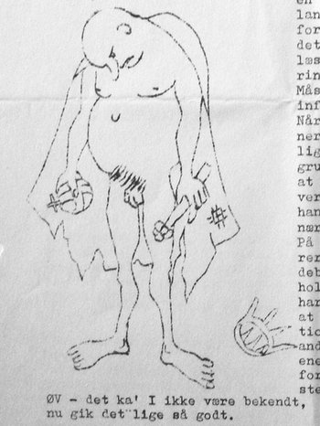 Satirisk tegning af en nøgen mand, hvis kappe er lappet og hvis krone ligger på jorden