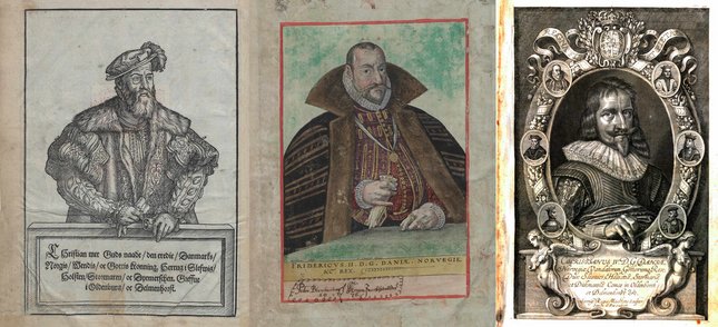Kongeportrætter fra Christian 3.s Bibel fra 1550, Frederik 2.s Bibel fra 1589 og Christian 4.s Bibel fra 1633.