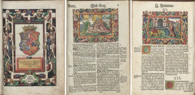 Illustrationer i Frederik 2.s bibel: kongens våbenskjold, Skabelsen og vignetten til Johannes’ Åbenbaring