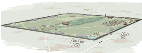 Forslag til, hvordan Jelling kan have set ud omkring år 970, da Sydhøjen var under opførelse under den anden byggefase