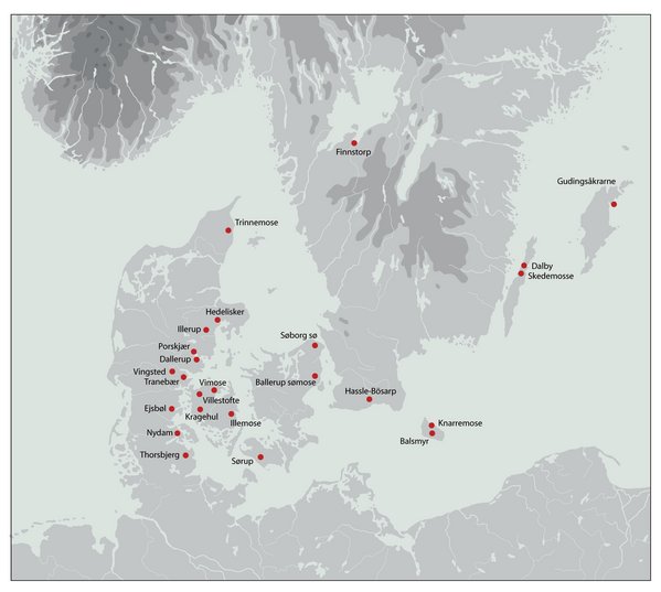 Oversigtskort over lokaliteter i det sydlige Skandinavien, hvor der blev udført våbenofringer i jernalderen