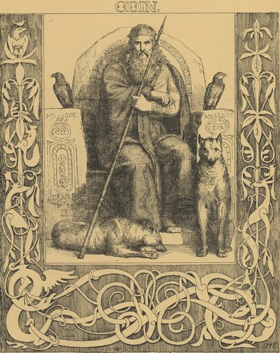 Odin med sine to ulve Gere og Freke, samt sine ravne Hugin og Munin