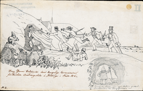 Satiriske tegninger af udgravningerne i 1861