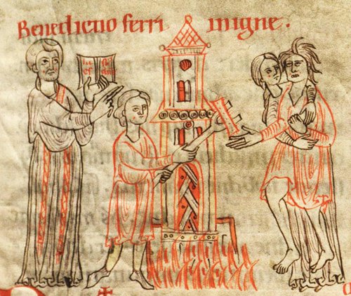 'Velsignelse af det glødende jern' lyder teksten på denne illustration fra et manuskript i slutningen af 1100-tallet