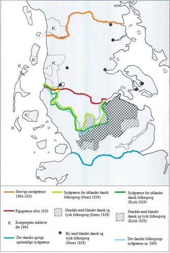 Kort over grænserne mellem dansk og tysk sprog i Slesvig