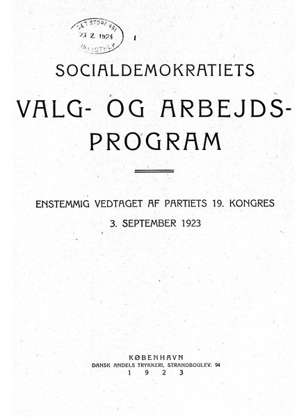 Forsiden af Socialdemokratiets partiprogram fra 1923