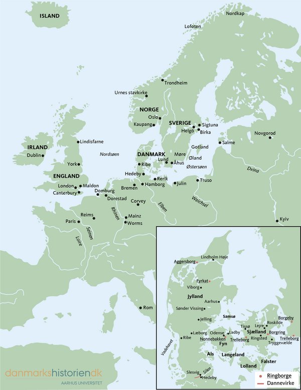 Oversigtskort over Nordeuropa i vikingetiden med angivelse af byer, klostre, gravpladser samt ringborge i Danmark