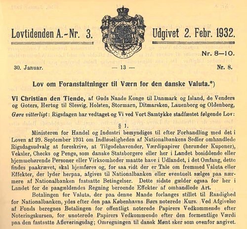 Lov om Foranstaltninger til Værn for den danske Valuta, 30. januar 1932