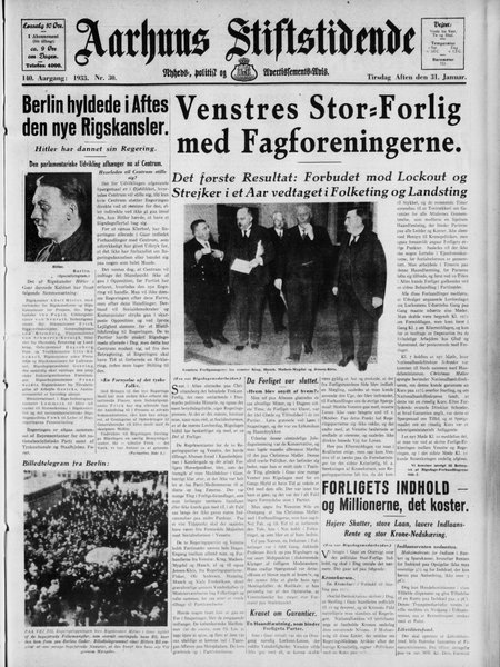 Forsiden af Aarhus Stiftstidende den 31. januar 1933 med nyhederne om både Kanslergadeforliget samt Hitlers udnævnelse til rigskansler i Tyskland