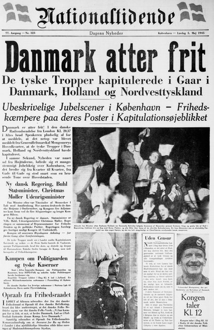 Forsiden af Nationaltidende den 5. maj 1945