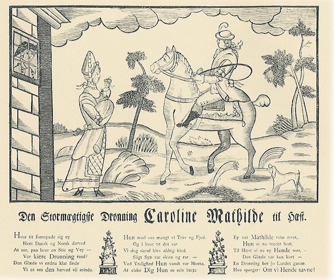 Satirisk tryk fra 1772, som viser dronningen til hest iført mandetøj.