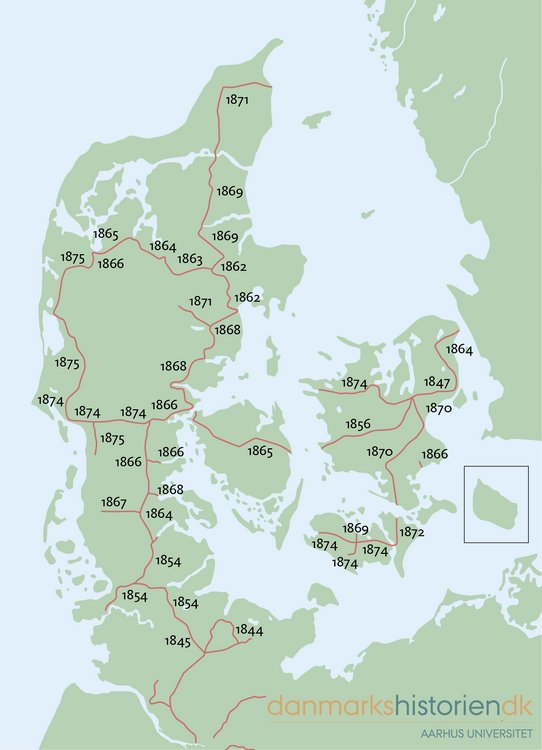 The Danish railway network, as it expanded between 1844 and 1875