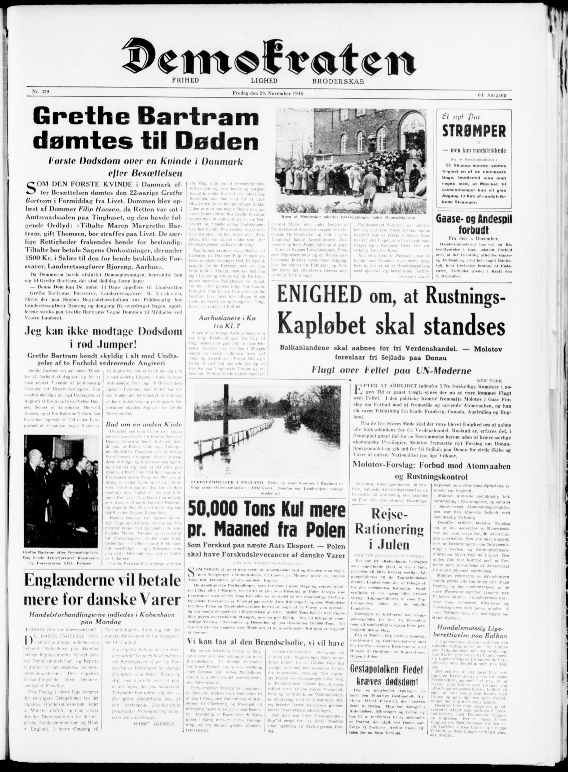 fumle Regelmæssigt Produktionscenter Grethe Bartram dømtes til Døden", artikel i Demokraten 29. november 1946